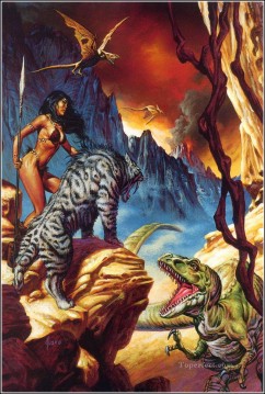 大衆的なファンタジー Painting - 素晴らしい虎と恐竜のファンタジー